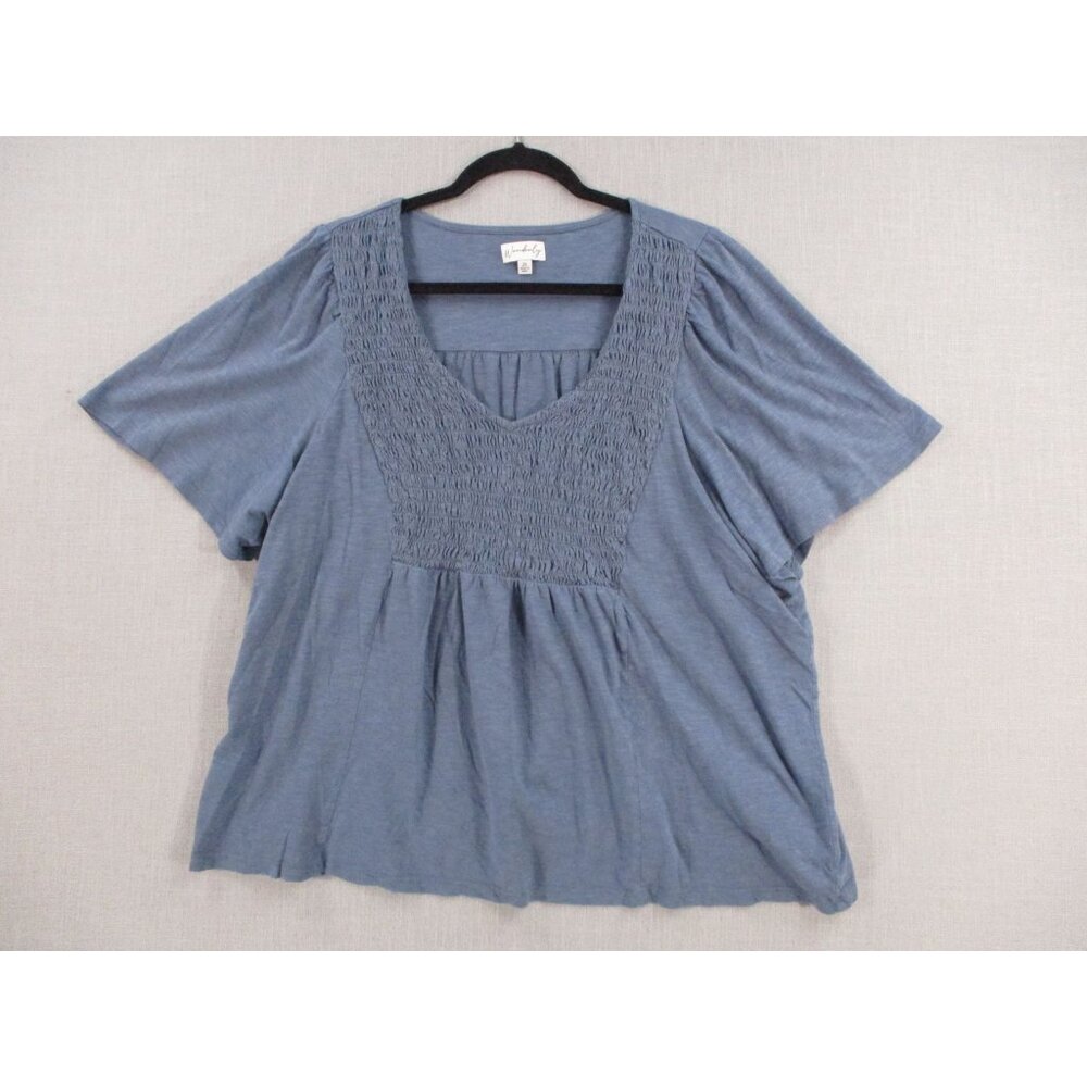 Wonderly Dusty Blue Soft Modal Cotton Smocked Vneck Flowy Blouse Top‎ 2x